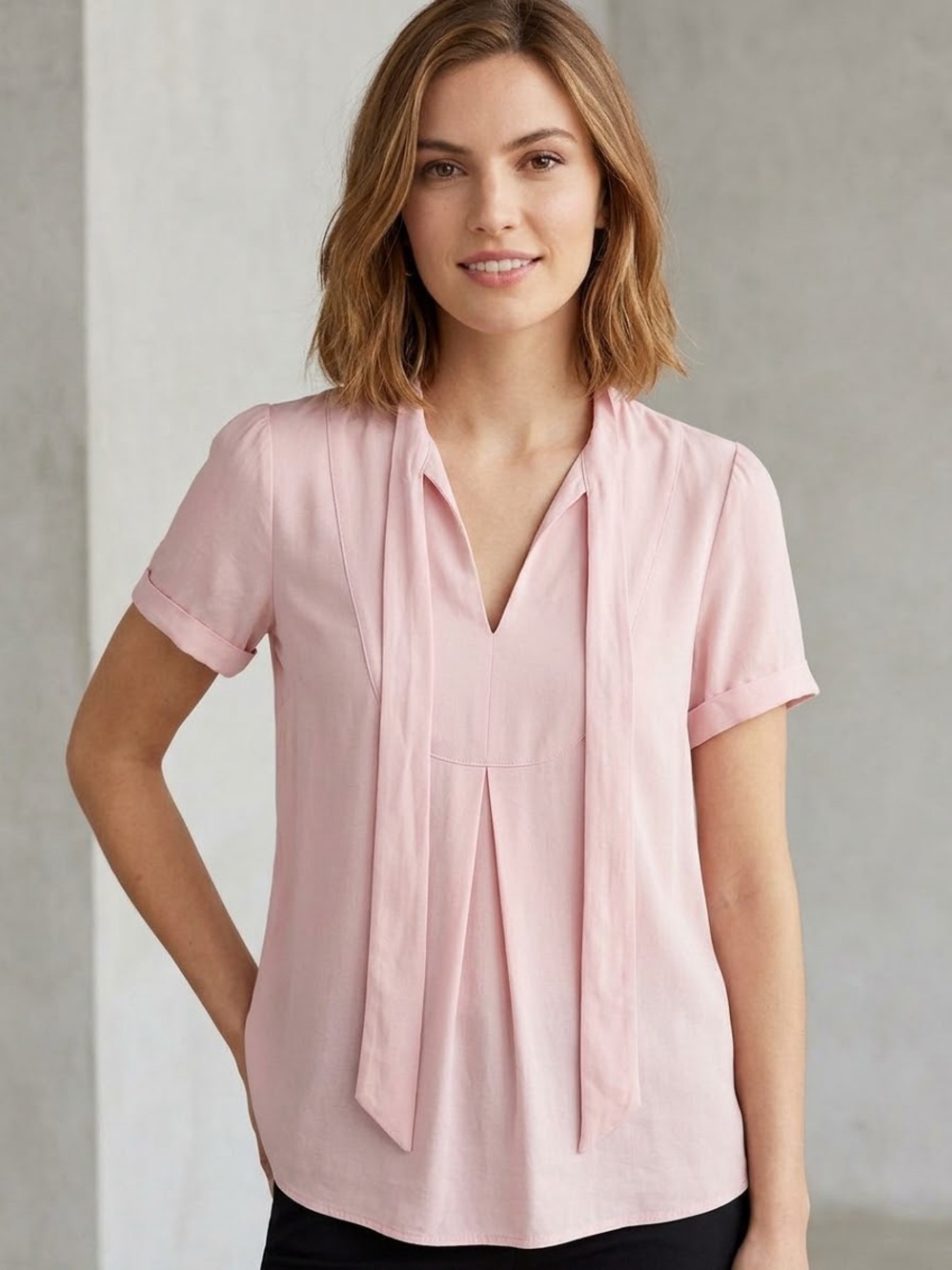 Ann Taylor Women's Pink Tie-Neck Short Sleeve Top